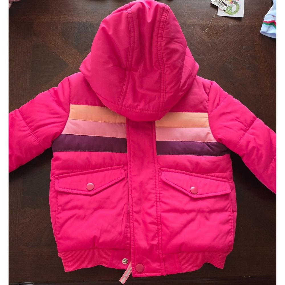 Cat & Jack Girls 2T Hot Pink Retro Stripe Hooded Puffer Jacket Fleece Lined Coat